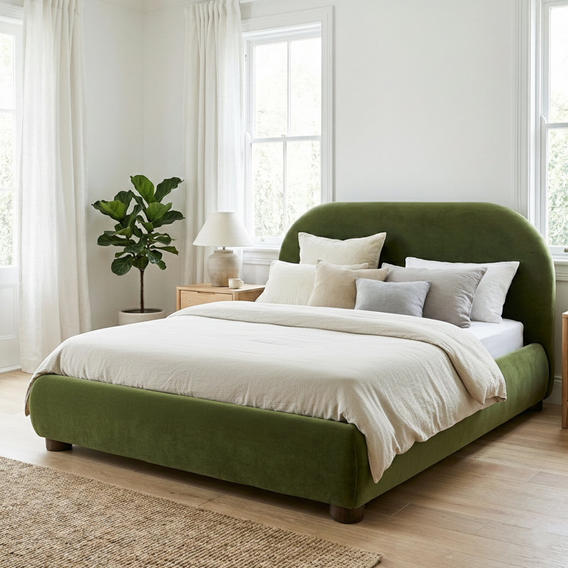 Tesso Upholstered Platform Bed, King, Olive Green
