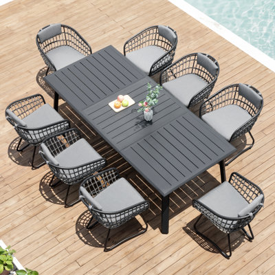 8 - Person Rectangular Aluminum Dining Set with Gray Removable Cushions  and Umbrella Hole (Set of 9)