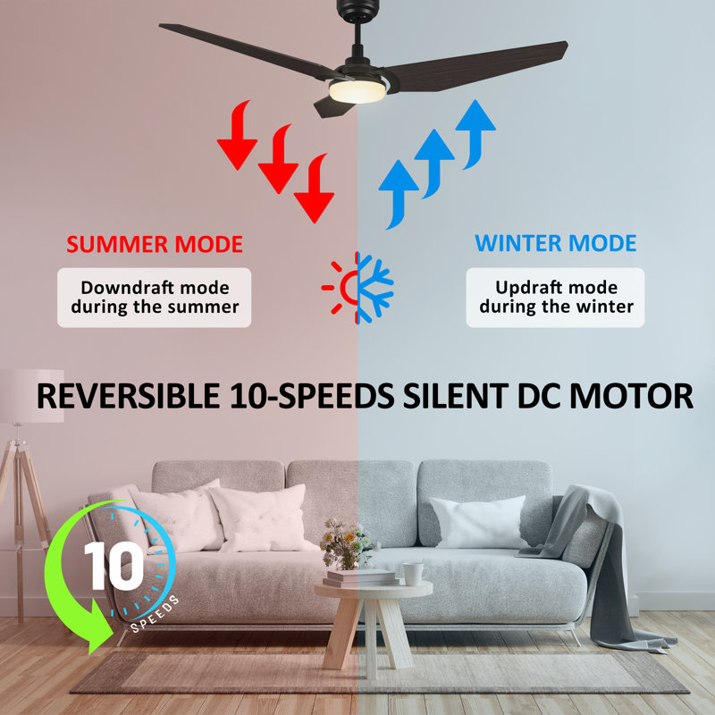 3 - Blade LED Smart Ceiling Fan with Remote Control and Light Kit Included, 52", Black/Dark Walnut