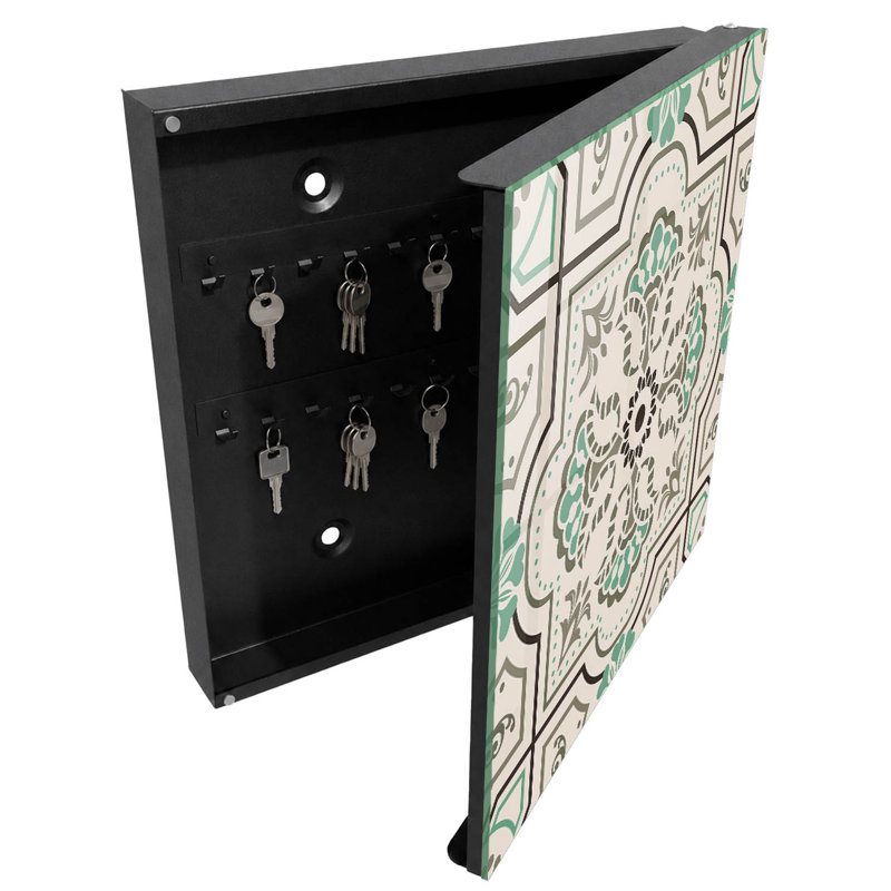 Decorative key box for wall, Opens to the left, 30x30x5, Black, Subdued colors with plant accents, 