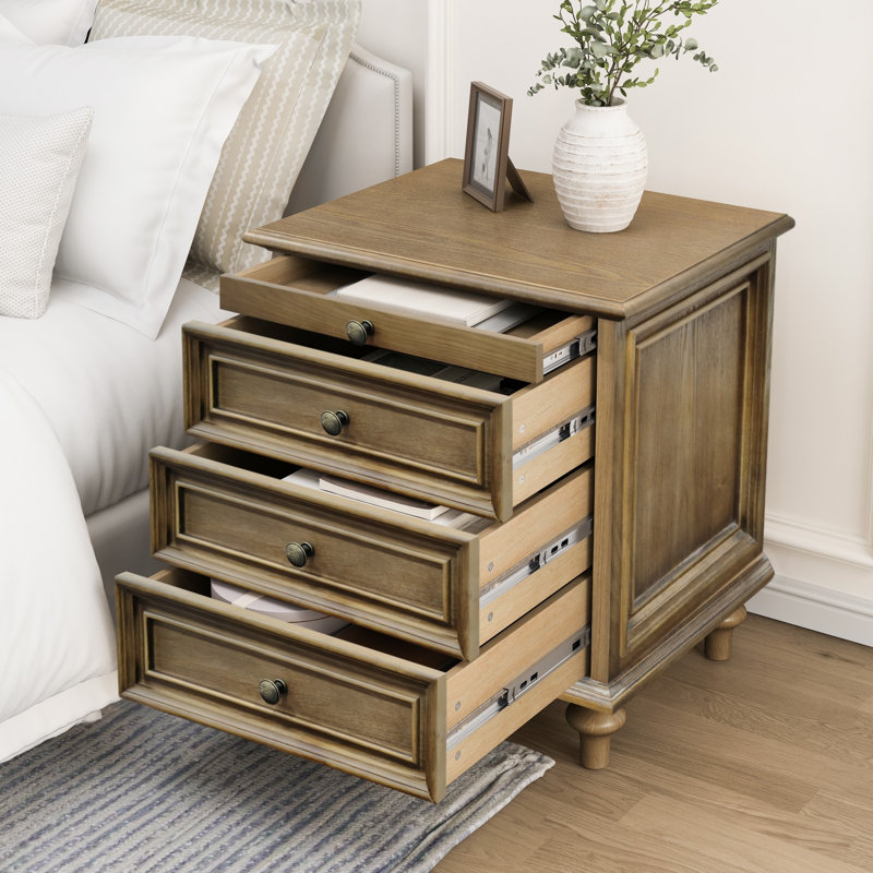 Farmhouse Nightstands with 4 Drawer, Wood Storage End Table with Hidden Pull-Out Shelf, Large Side Table with 4 Solid Wood Feet and Metal Handle, Easy Assembly, Light Brown