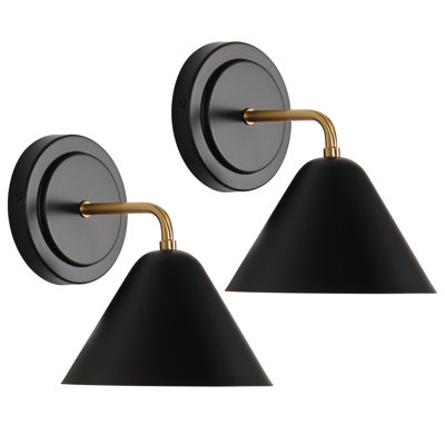 Modern LED Dimmable Color-Changing and Timer Cone Wall Sconce with Matte Black Metal Frame and Gold Accents, for Bedroom, Living Room, Hallway (set of 2)