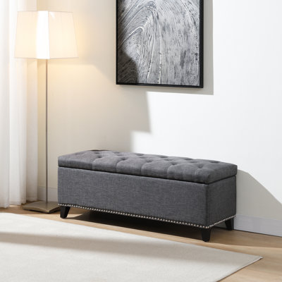 Banc de rangement avec repose-pieds 47,5 po, capitonné en lin avec charnière de sécurité, repose-pieds de soutien de 500 lb pour le salon, le vestibule, le couloir