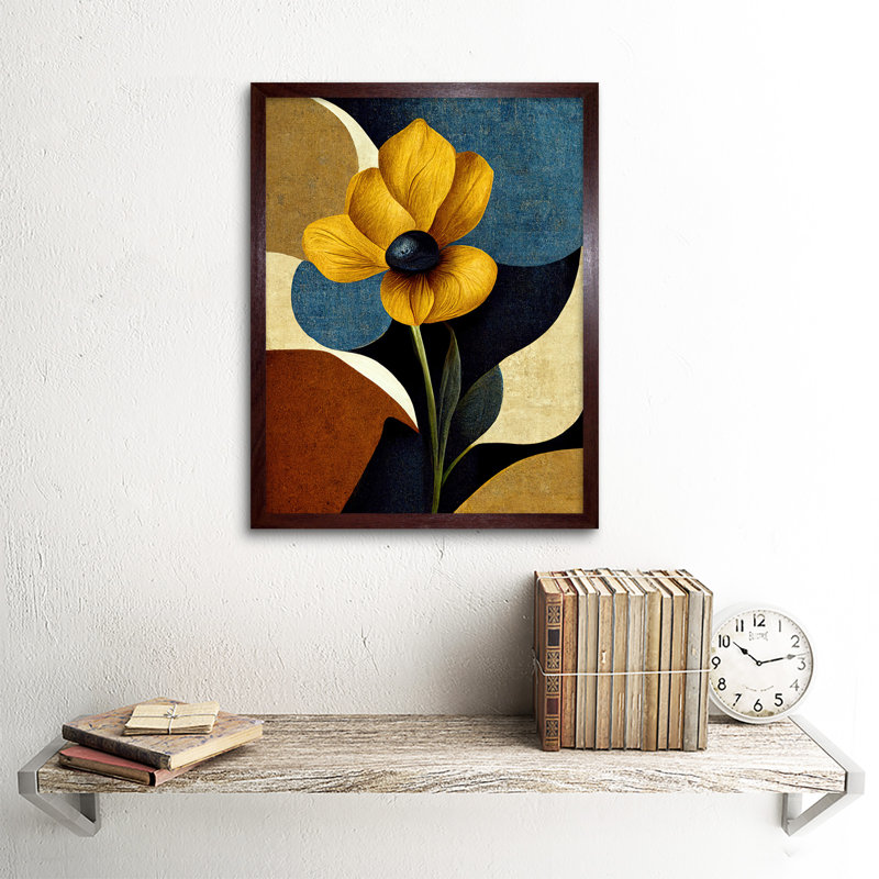 Autumnal Abstract Stem Flowers Artwork - Single Picture Frame Print, Brown Framed Unframed, 43cm H x 33cm W x 2cm D