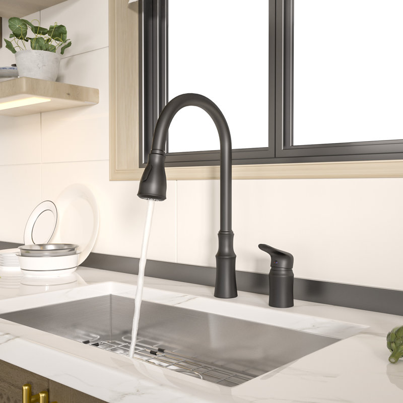 Robinet de cuisine rétractable à poignée simple avec accessoires, Noir mat
