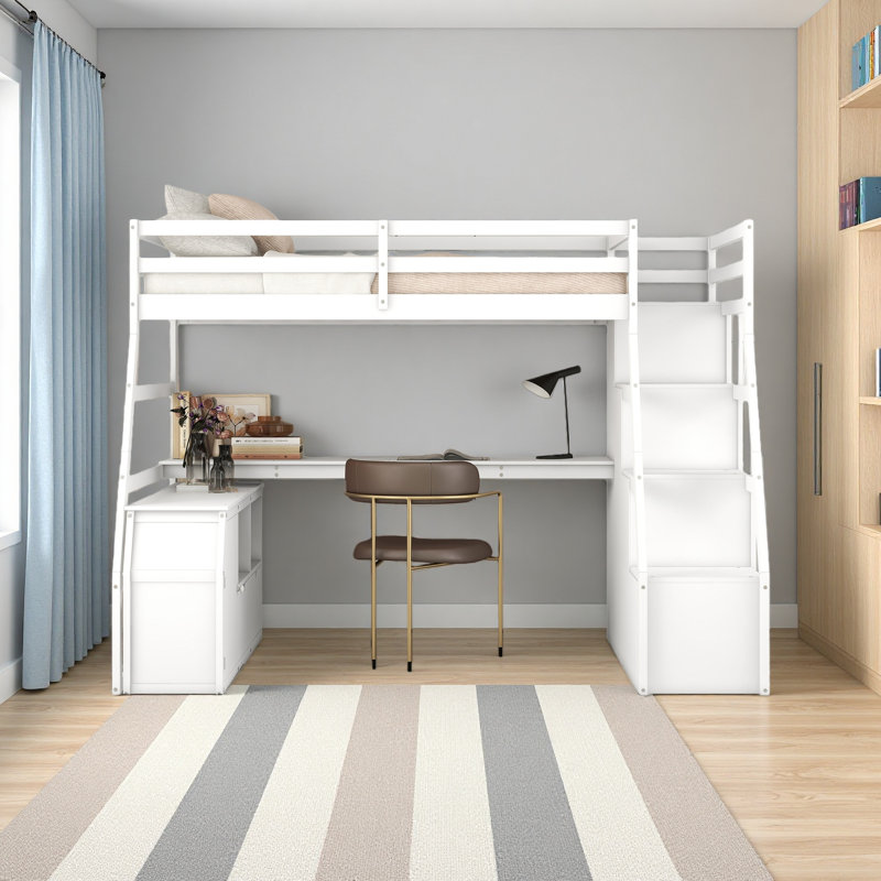 Lit mezzanine simple avec 7 tiroirs, 2 tablettes et un bureau, Blanc
