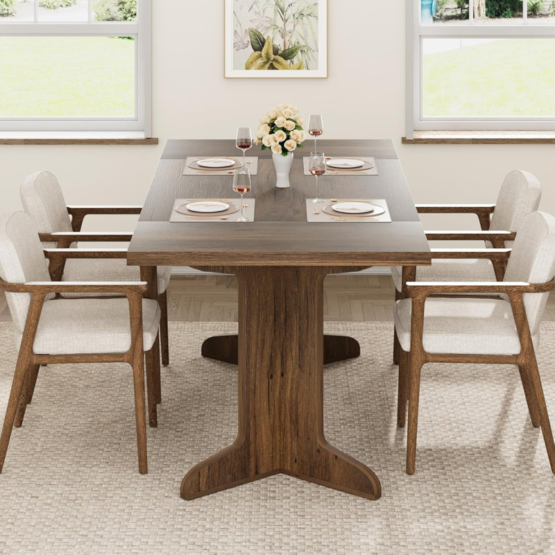 Table de salle à manger industrielle pour 6 à 8 personnes, grande table de cuisine longue de 71 po avec cadre en bois robuste, comptoir rectangulaire pour le dîner, cuisine, salle à manger (noyer, non extensible)