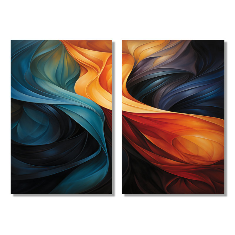«Retro Blue Orange Liquide Streams - Waves», impression sur toile abstraite sarcelle 2 pièces, H 36 po x l 48 po