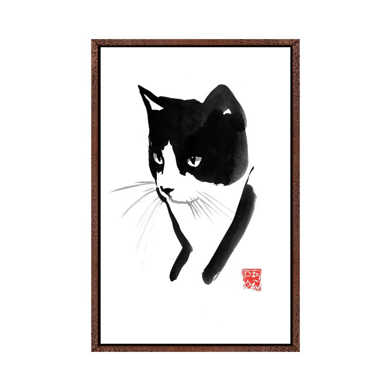 Cat Face by Péchane - Painting on Canvas, Classic Brown Wood Framed, 66.04 cm H x 45.72 cm W