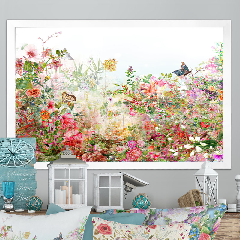 Rétro fleurs multicolores printanières VI - reproduction encadrée sur toile, H 24 po x l 36 po x P 1 po, Cadre photo blanc