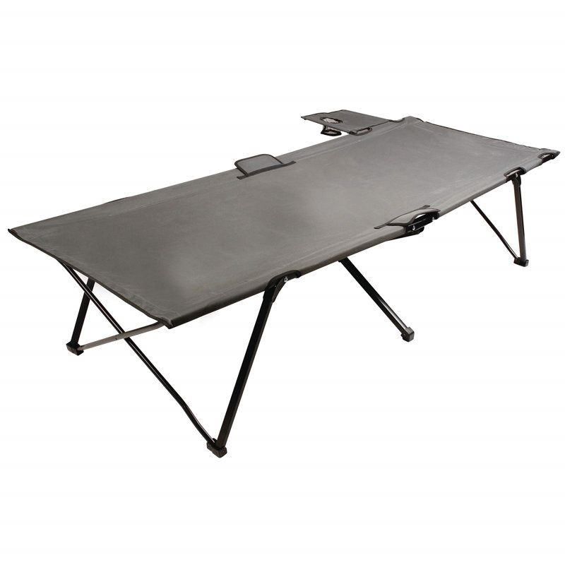 Gray Steel Camping Cot with Removable Side Table