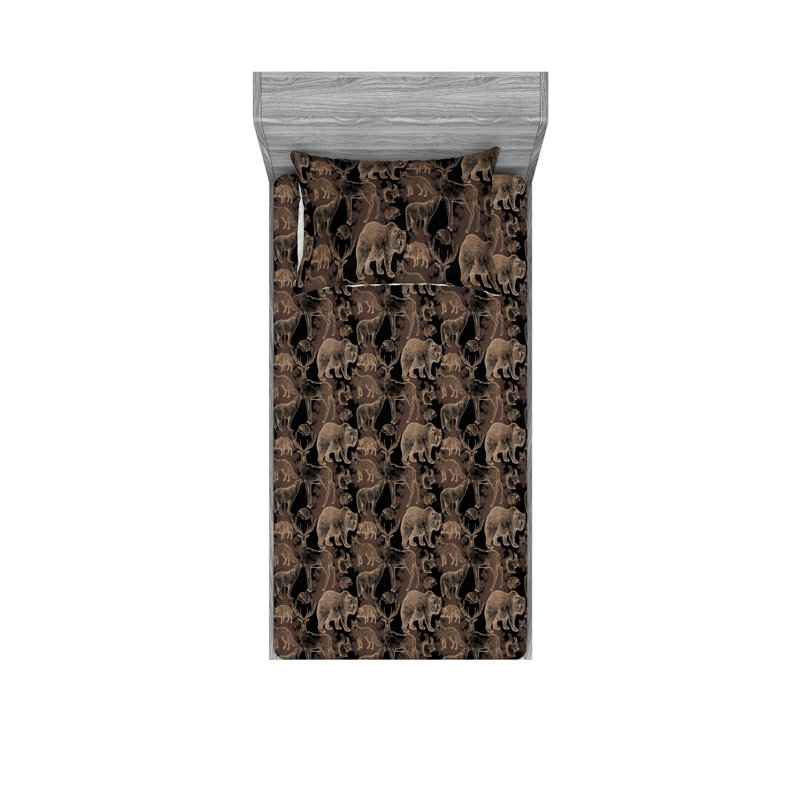 Ambesonne Fitted Sheet & Sham Wild Pattern Bear Deer Fox Black Beige and Umber, Twin XL Sheet Set with 1 Pillowcase
