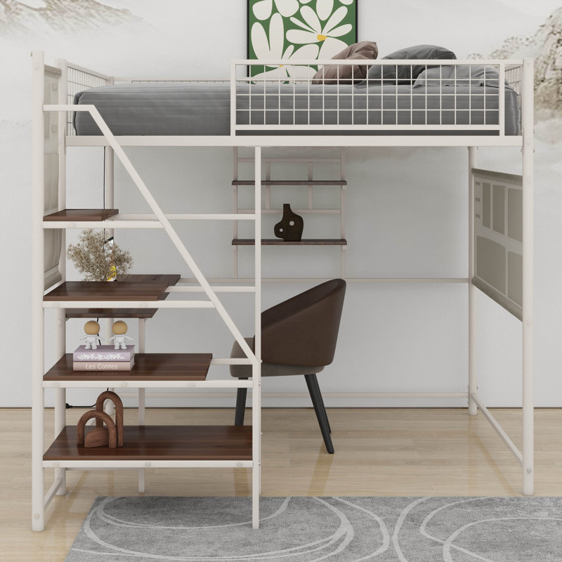 Loft Metal Bed With Built-In Charging Station And LED Light, White, Full