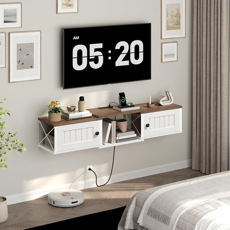 Wall-mounted Farmhouse Tv Stand – Floating Media Console With Storage & Power Outlet, White/walnut