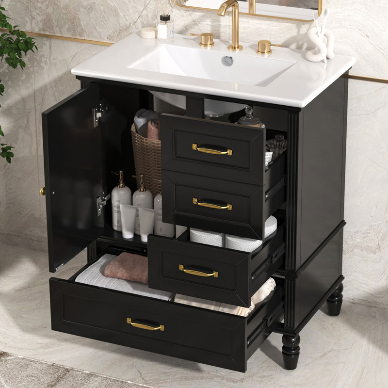 Meuble-lavabo simple 30 po avec comptoir en céramique, Noir, noir, noir, noir, Doré