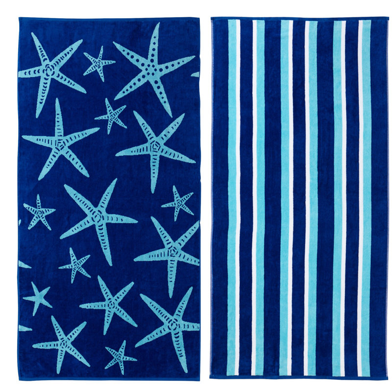 Serviettes de plage 100% jacquard 100% coton, Bleu marine / bleu royal étoile de mer et rayures