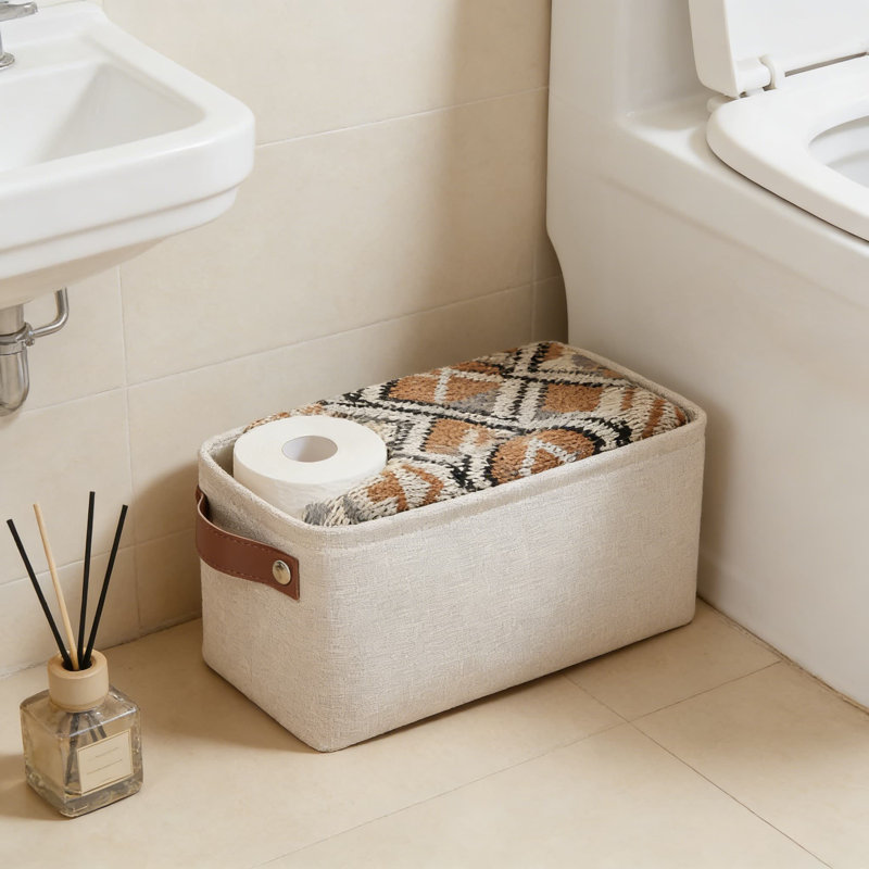 Panier de rangement étroit avec poignées en cuir, bac de rangement en tissu pour papier hygiénique, magazines et articles de bain essentiels