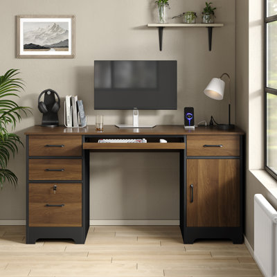 59” Industrial Executive Desk with Outlet,Computer Desk Office Desk with Keyboard Tray and Locked Drawer&Large Storage Cabinet for Home Office