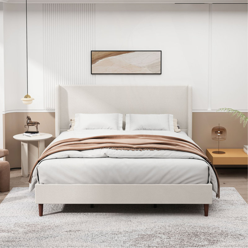 High Headboard Upholstered Bed,  Bed Frame, 12-Slat Support, Easy To Assemble, Beige, No Box Spring Needed, Ivory Chenille