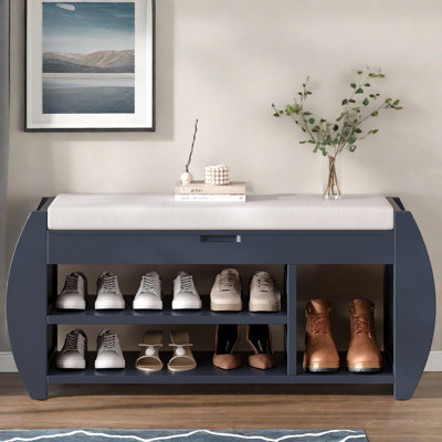 3-In-1 Shoe Storage Bench, Mid-Century Upholstered Bench With Storage, Modern Shoe Rack With Curved Side Panel For Bedroom Entryway Living Room
