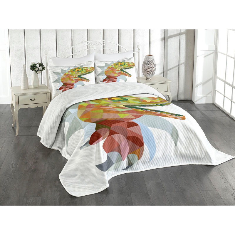 Ambesonne Dinosaur Bedspread Set Colorful Mosaic T-rex Multicolor, King Coverlet / Bedspread + 2 Standard Shams