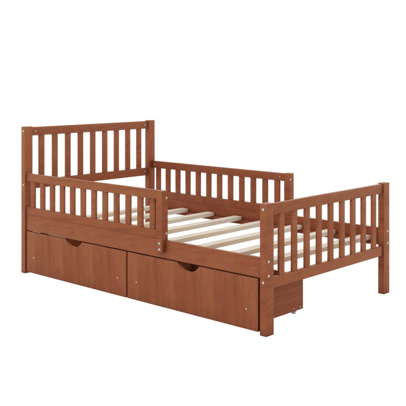 Wood Platform Bed With Guardrails On Both Sides And Storage Drawers, Walnut, Twin