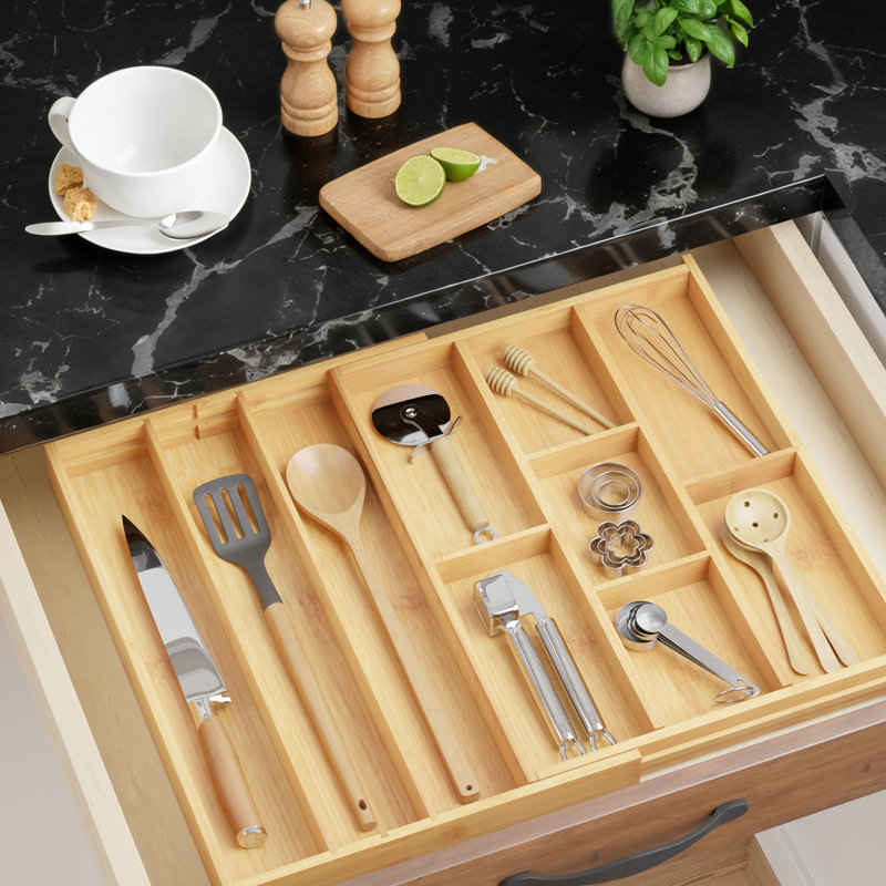 Organisateur de tiroir à ustensiles en bambou extensible avec étiquettes, porte-ustensiles de cuisine naturel