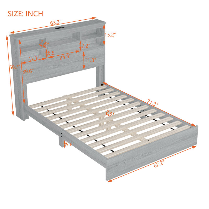 Grand lit plateforme avec rangement fonctionnel et tête de lit pour tête de lit fonctionnelle, Gris clair