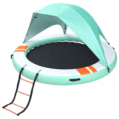 Inflatable Floating Dock, 8 FT Round Inflatable Dock Platform, Non-Slip Water Floating Mat with Portable Carrying Bag & Detachable Ladder, Platform Island Raft for Pool Beach Ocean