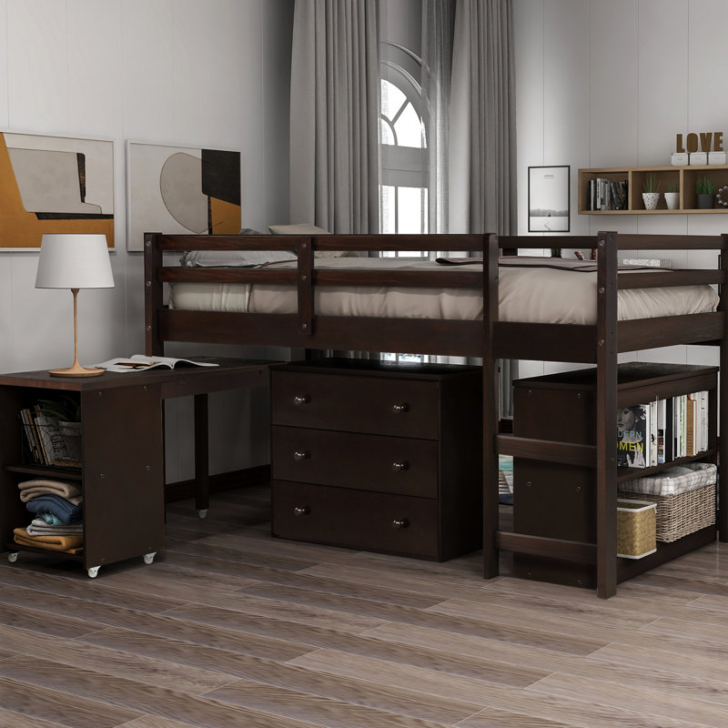 Lit mezzanine simple avec armoire de rangement et bureau de dessin portable, table d'étude robuste, Espresso