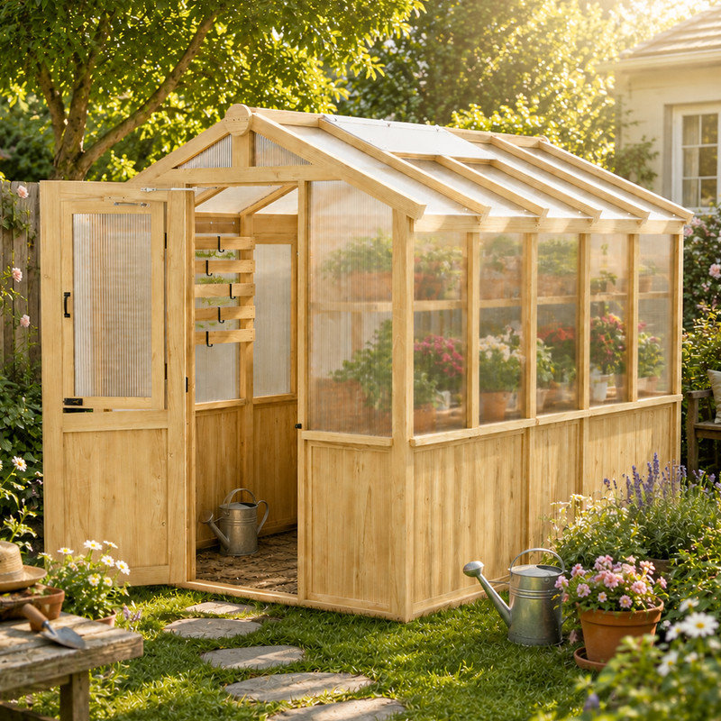 Serre à accès naturel en cèdre naturel, serre d'extérieur 6,7 pi x 9,7 pi x 7,7 pi avec panneaux en polycarbonate, évent de toit, tablette pliable