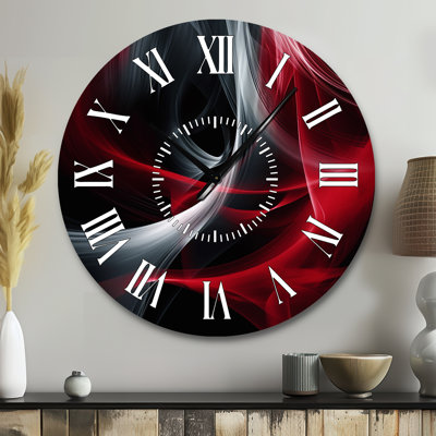 Red Black Contemplative Abstraction X - Modern Waves White Face Wall Clock