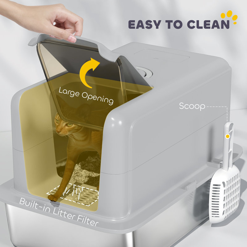 Stainless Steel Litter Box Enclosure with Scoop, Grey