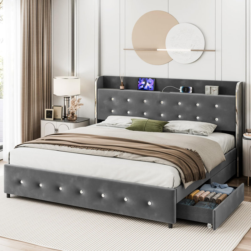 Upholstered Bed Frame With 4 Drawers,Diamond Tufted Bed Frame With Charging Station, Gray, Full