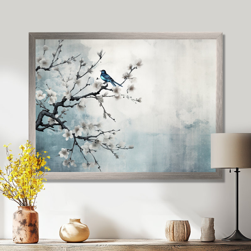 Art asiatique, Sumi oiseau sérénité, art asiatique, Cadre flottant blanc, H 16 po x l 32 po x P 1 po