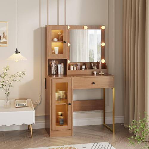Makeup Vanity Desk with Mirror & Adjustable LED Lights, Modern Vanity Table with Open Shelves & Acrylic-Door Cabinets