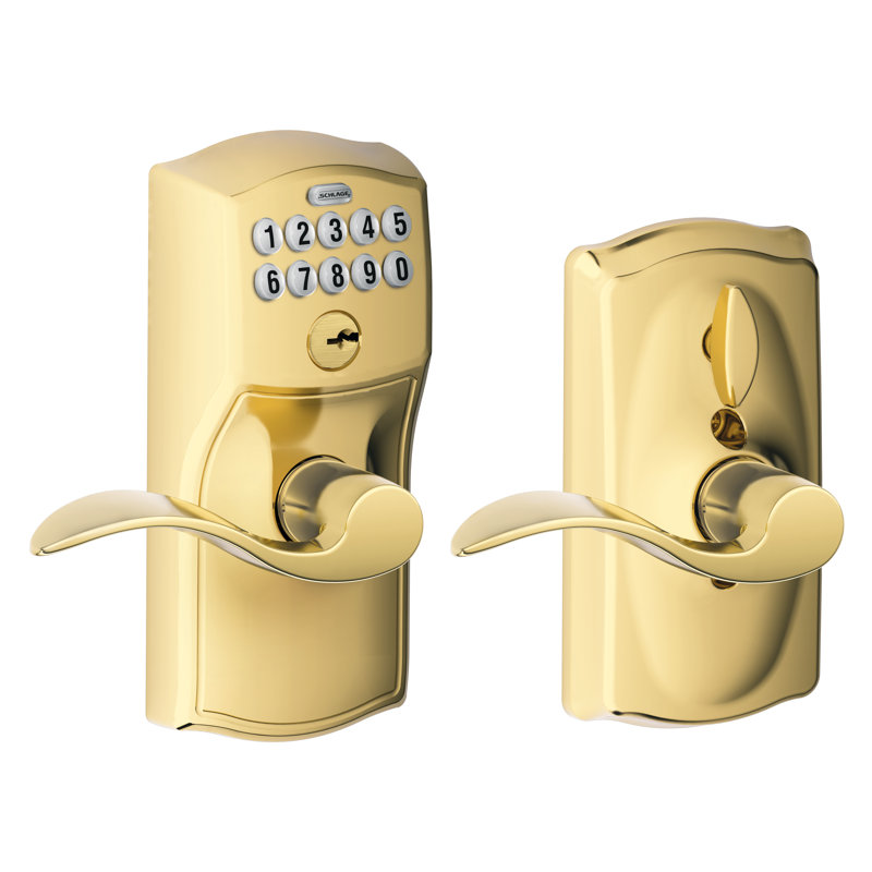 Accent Keypad Lever with Camelot Trim, Polished Brass, Yes, Reversible