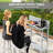 Outdoor Bar Table with Built-in Footrest, Slatted Top, Grey