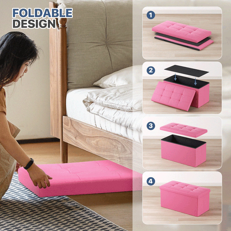 Incera Upholstered Folding Storage Ottoman Bench, Button Tufted Ottoman Footrest, End of Bed Bench, Pink