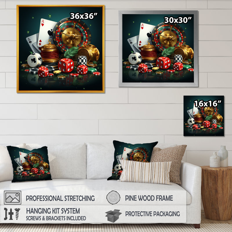 Art de jeu de casino «Poker II» - Casinos / traces de course, art mural, Cadre doré simple, H 16 po x l 16 po x P 1 po