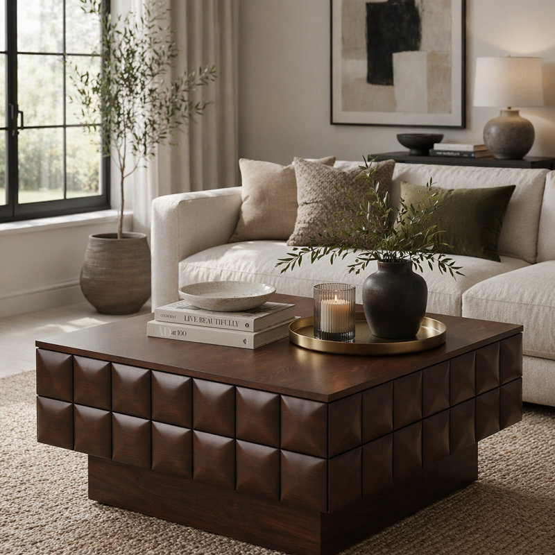 Table basse carrée en noyer avec enveloppe texturée en cube géométrique 3D