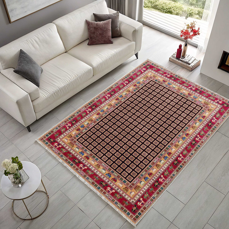 Tapis miniature en chenille de coton rouge pastel Lacasa, Carré 6 pi 7 po