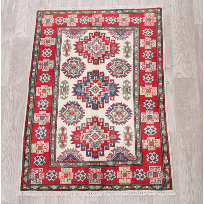 Tapis unique en laine noué à la main style Kazak rouge / beige des années 2010 de 2 pi 8 po x 3 pi 9 po Nishika