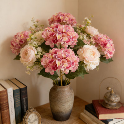 5 pièces d'hortensias artificielles roses rouges, hortensias avec des tiges de feuilles réalistes, grandes fleurs d'hortensias de 18 pouces, décorations de faux hortensias pour centre de table de mariage intérieur, vase, fête de bouquet