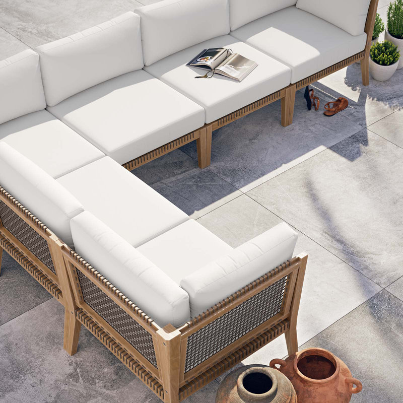 Canapé modulaire d'extérieur en bois de teck 6 pièces Clearwater par Modway, Blanc