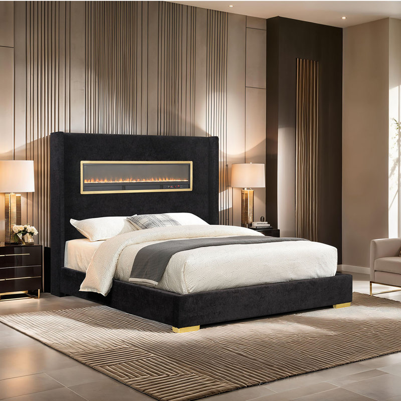Foyer 3D de style contemporain pour chambre à coucher avec cadre de lit en tissu d'ameublement 1pc, Grand lit, Black