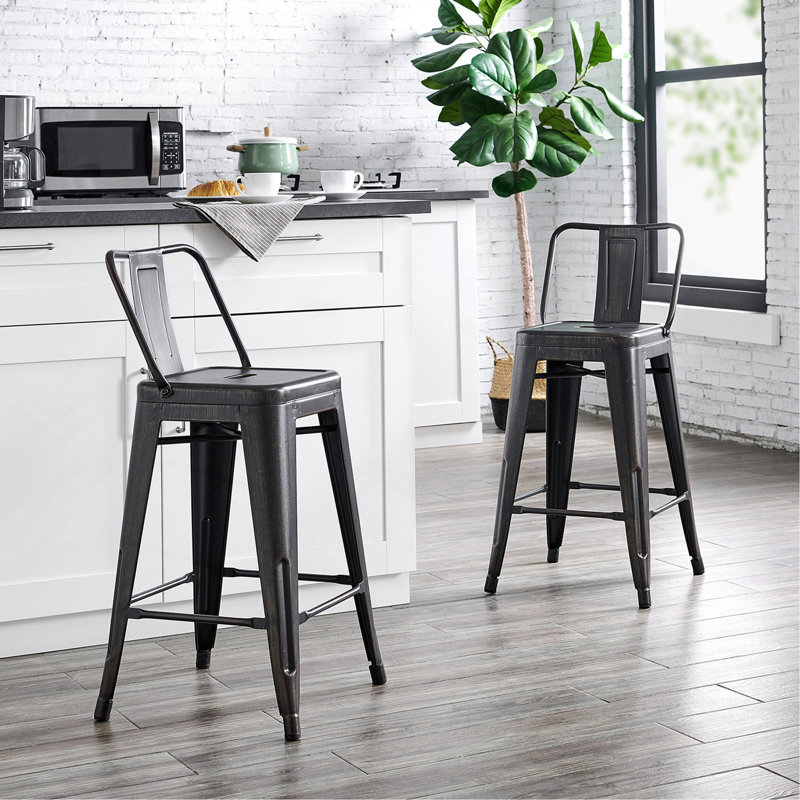 Tabouret de bar 24 po en métal de style rustique rustique avec dossier, tabouret de bar de cuisine léger et robuste, ensemble de 4 - noir mat