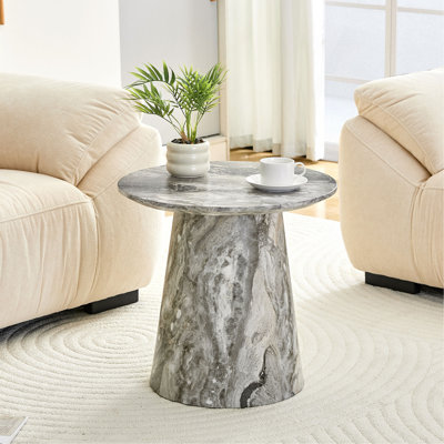 Table basse circulaire gris en fibres à densité moyenne texturée - diamètre 19,6 pouces, hauteur 18,8 pouces, placage texturé gris, texture délicate, adaptable à un plateau de table circulaire.