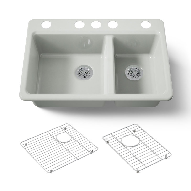 Riverby 33" Enameled Cast Iron Undermount Double Basin Kitchen Sink, Sea Salt