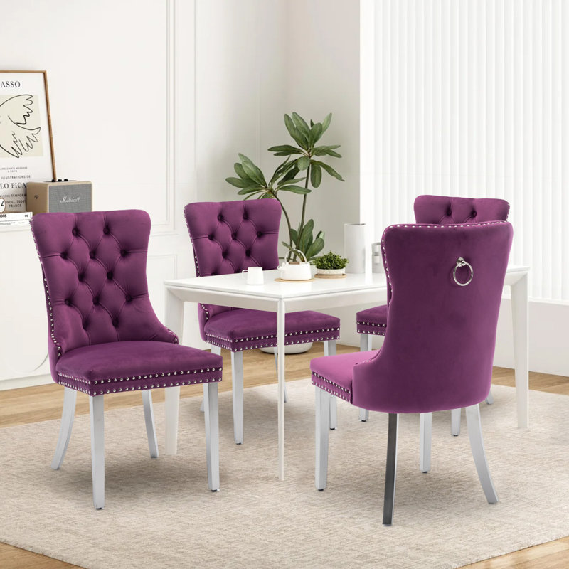 Ensemble de 4 chaises de salle à manger rembourrées en velours avec pieds argentés, Argent argent, Mauve